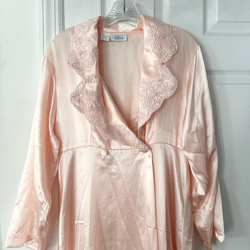 Etienne Peach Satin Vintage Long Robe Beaded Lace Slip Night Gown NWT Medium - Picture 2 of 16